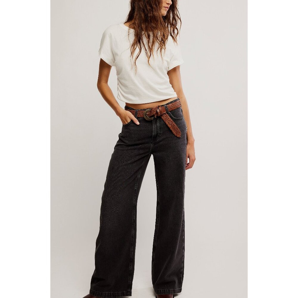 Free People NWT Stride Black Wide Leg Flare Jeans Size 30